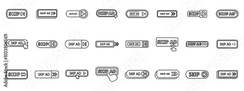 Skip ad icons set. Collection of various skip ad buttons showing cursor clicking to skip ads