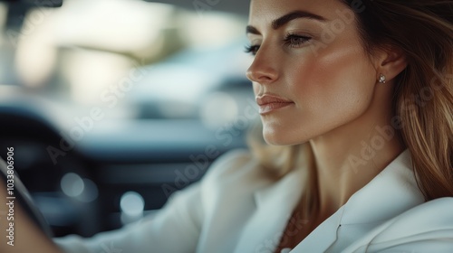 A focused portrait of a woman seated in a car interior, looking contemplative, portraying modern lifestyle and introspection in a sophisticated, elegant setting.
