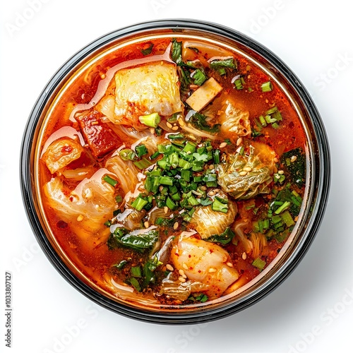 Top view of a glass bowl with kimchi jjigae isolated on white background