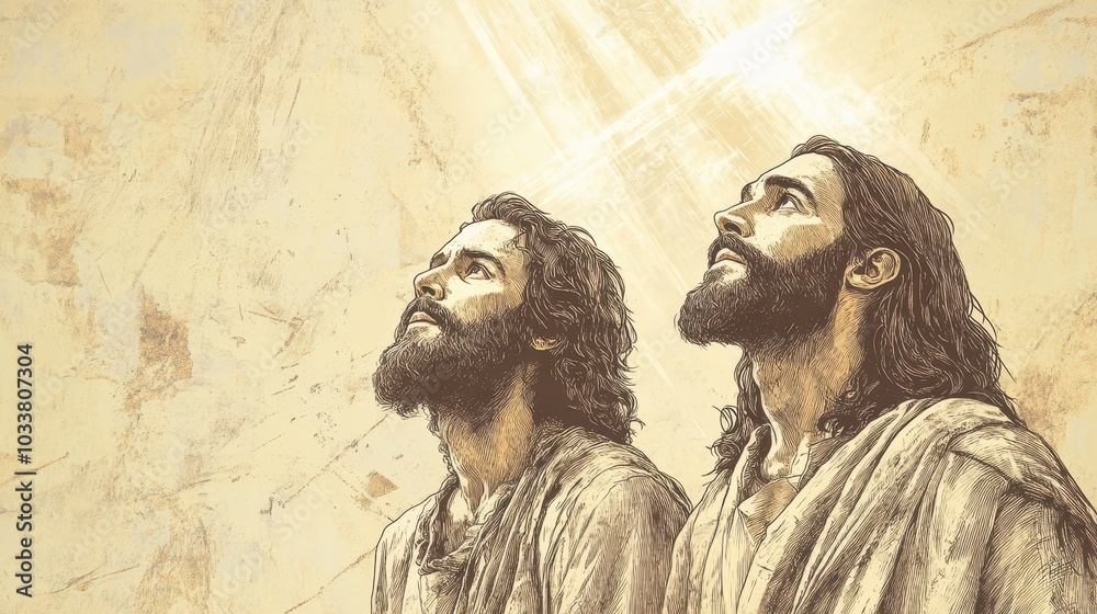 Fototapeta premium A biblical scene depicting the moment when the heavens open and a divine light shines down on Jesus as John the Baptist gazes up with awe and reverence during the baptism