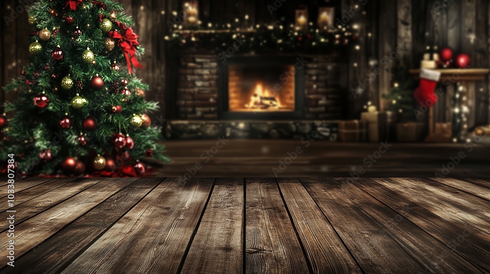 Christmas backdrop with a festive design. Wooden table with Christmas tree and fireplace in the background. Great for showcasing products. Christmas backdrop with a festive design. Wooden table with Christmas tree and fireplace in the background. Great for showcasing products.