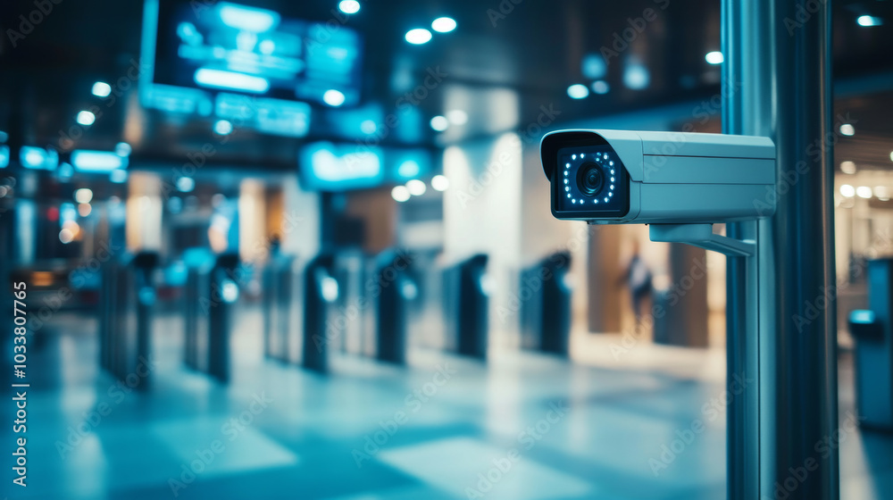 An enterprise security system featuring CCTV cameras, with dispatchers monitoring safety from a control room. The scene includes turnstiles at the entrance of a business center, emphasizing security m An enterprise security system featuring CCTV cameras, with dispatchers monitoring safety from a control room. The scene includes turnstiles at the entrance of a business center, emphasizing security m