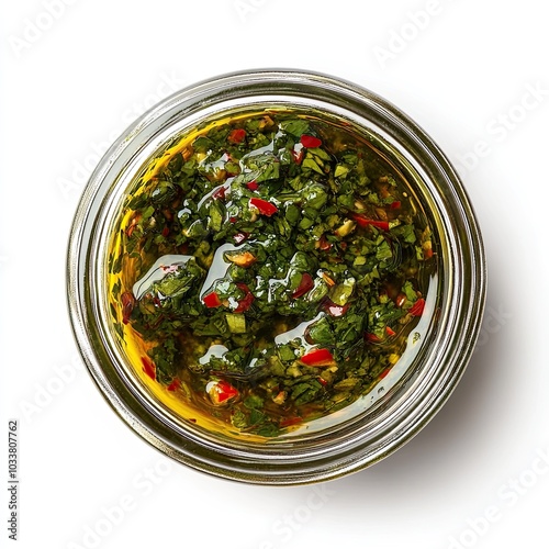 Top view of a glass jar with chimichurri sauce isolated on white background