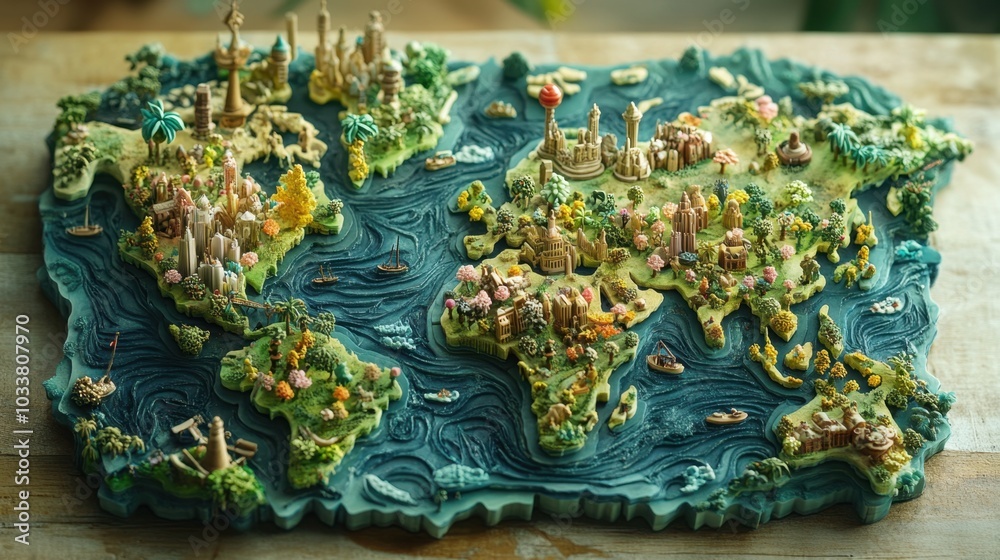 Artistic relief map of the world showcasing intricate landscapes, iconic landmarks, and vibrant natural elements in a whimsical style Artistic relief map of the world showcasing intricate landscapes, iconic landmarks, and vibrant natural elements in a whimsical style