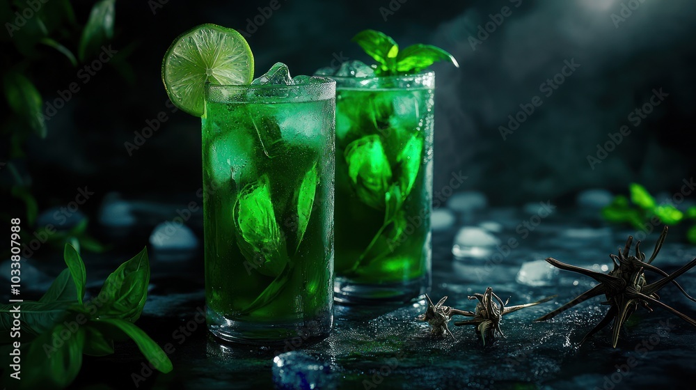 Refreshing Green Drink with Lime and Ice Refreshing Green Drink with Lime and Ice
