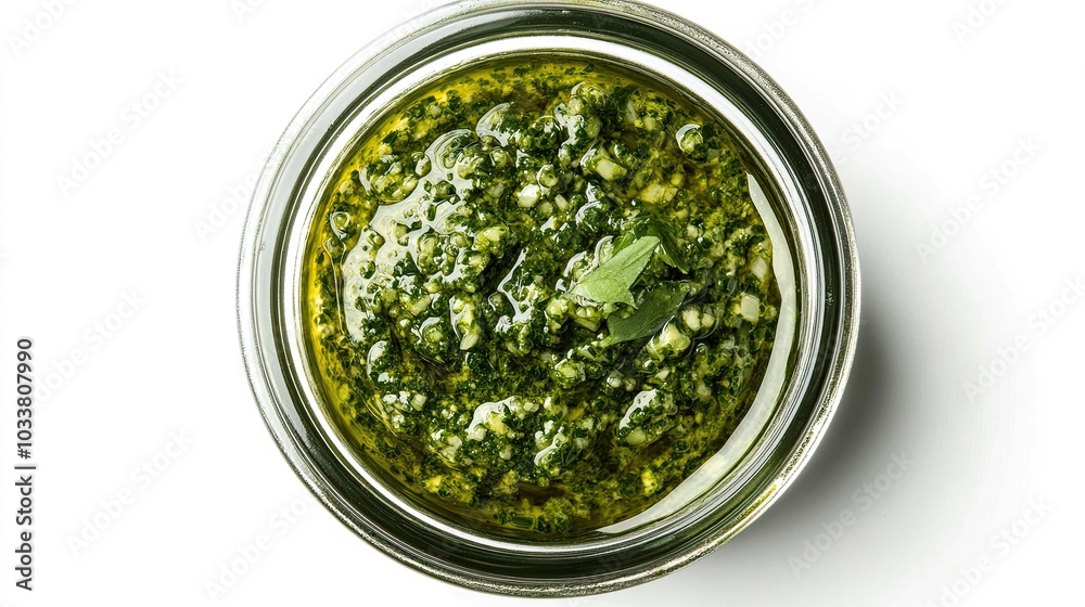 Top view of a glass jar with pesto sauce isolated on white background --ar 16:9 Top view of a glass jar with pesto sauce isolated on white background --ar 16:9