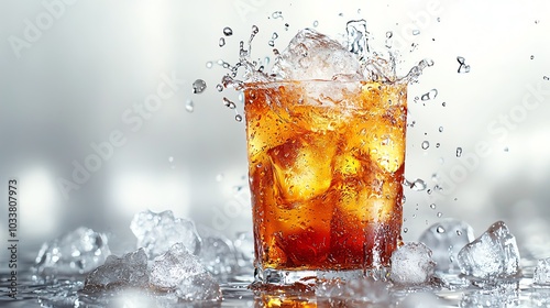 A refreshing glass of iced beverage splashing with ice cubes, perfect for summer vibes and delightful moments.