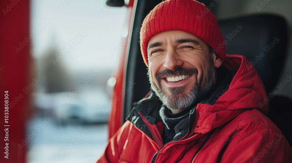 A cheerful man in a red beanie and jacket enjoying a winter day while sitting in a cozy truck cabin surrounded by a snowy landscape A cheerful man in a red beanie and jacket enjoying a winter day while sitting in a cozy truck cabin surrounded by a snowy landscape