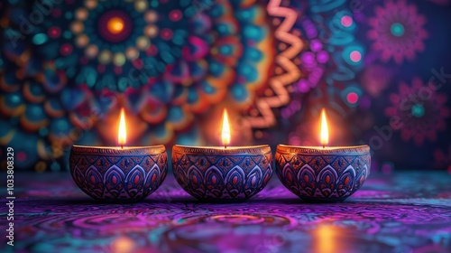 Happy Diwali, Diwali lamps with colorful lights at night photo