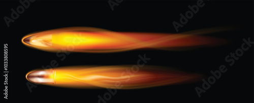 An illustration of two bullet projectiles in motion, showcasing the fiery and aerodynamic trail they leave behind. The image highlights the velocity and heat created by bullets in flight, with bright 