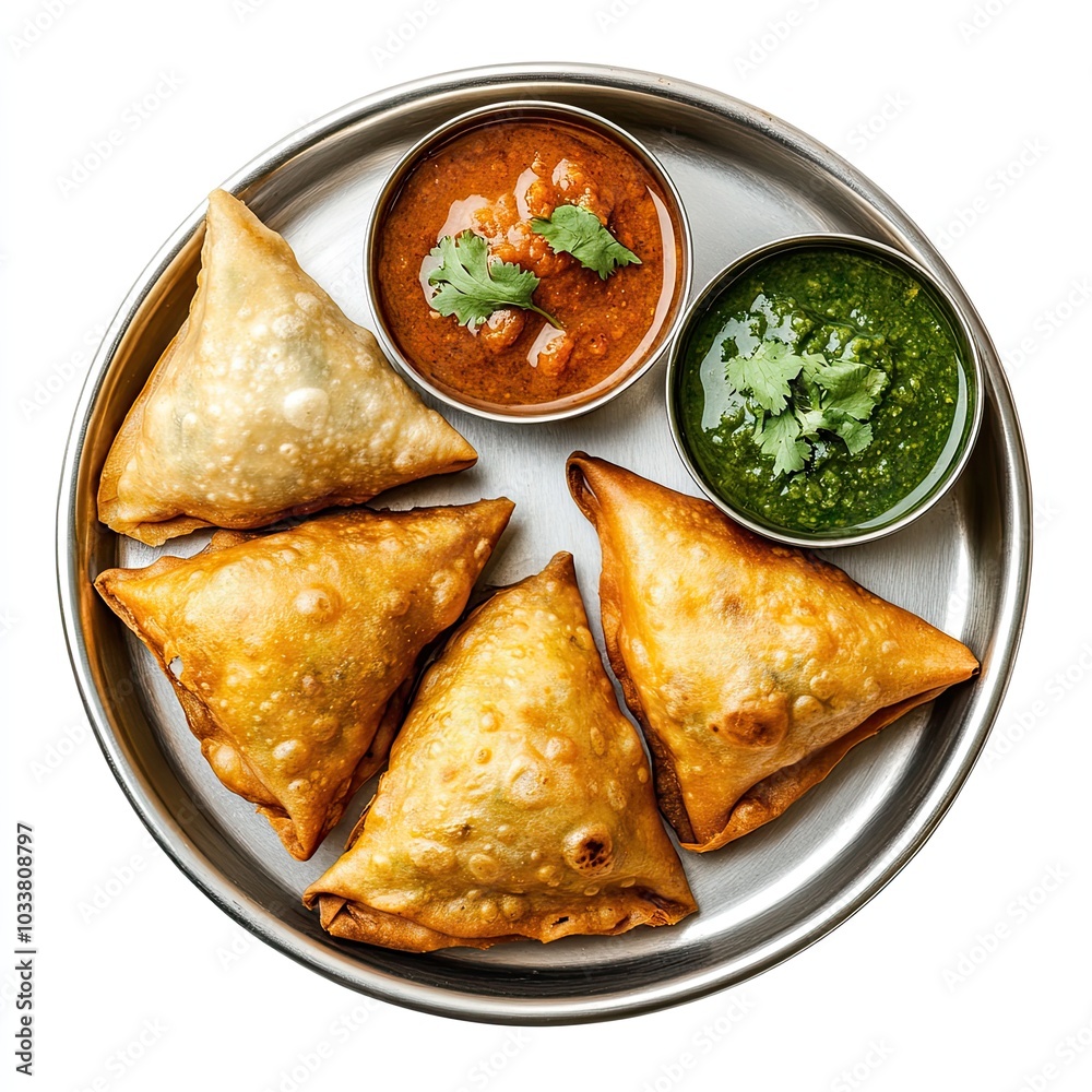 Top view of a metal tray with samosas and chutney isolated on white background Top view of a metal tray with samosas and chutney isolated on white background
