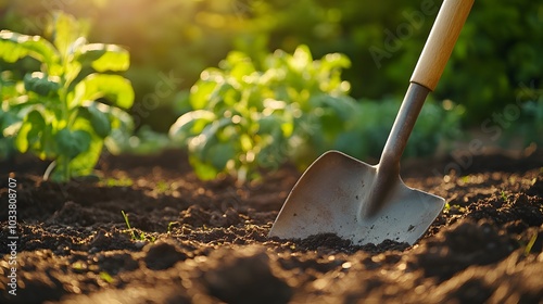 Shovel resting on a vegetable garden plot, soft evening light casting a warm glow, realistic textures of the shovel and soil with a blurred background of healthy vegetable plants, peaceful and