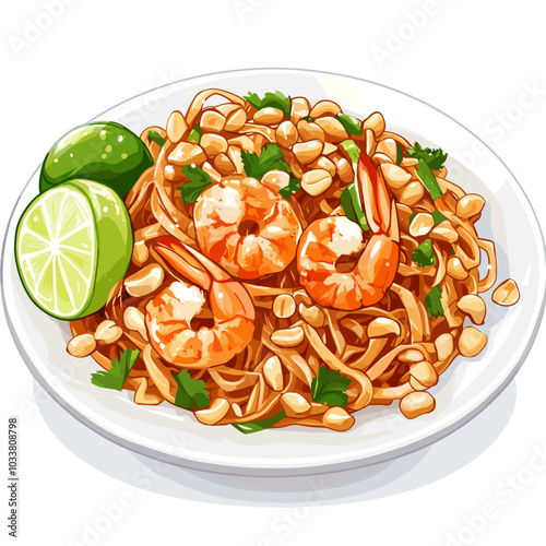 Pad Thai with Shrimp and Peanuts - Vector Illustration