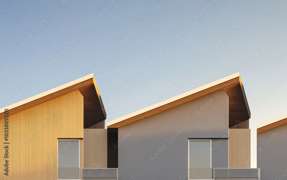 Modern wooden houses under clear blue sky in a contemporary residential area during daylight Modern wooden houses under clear blue sky in a contemporary residential area during daylight