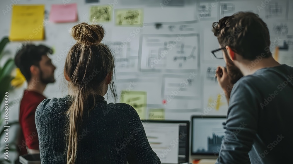 Team of developers in a meeting room with whiteboard sketches of a website, collaborative design process, creative brainstorming Team of developers in a meeting room with whiteboard sketches of a website, collaborative design process, creative brainstorming