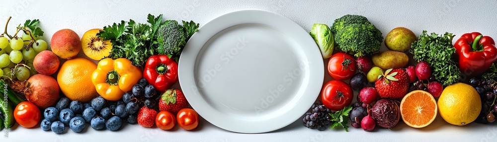 A vibrant display of fresh fruits and vegetables surrounding a blank plate, perfect for healthy meal concepts and culinary creativity. A vibrant display of fresh fruits and vegetables surrounding a blank plate, perfect for healthy meal concepts and culinary creativity.