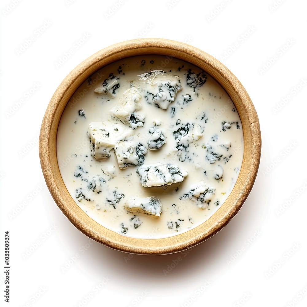 Top view of a paper cup with blue cheese dressing isolated on white background Top view of a paper cup with blue cheese dressing isolated on white background