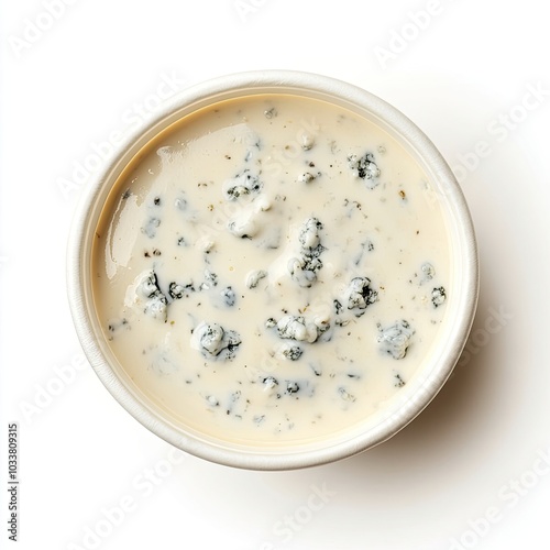 Top view of a paper cup with blue cheese dressing isolated on white background