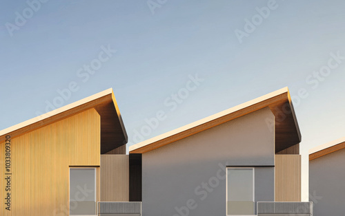 Modern wooden houses under clear blue sky in a contemporary residential area during daylight