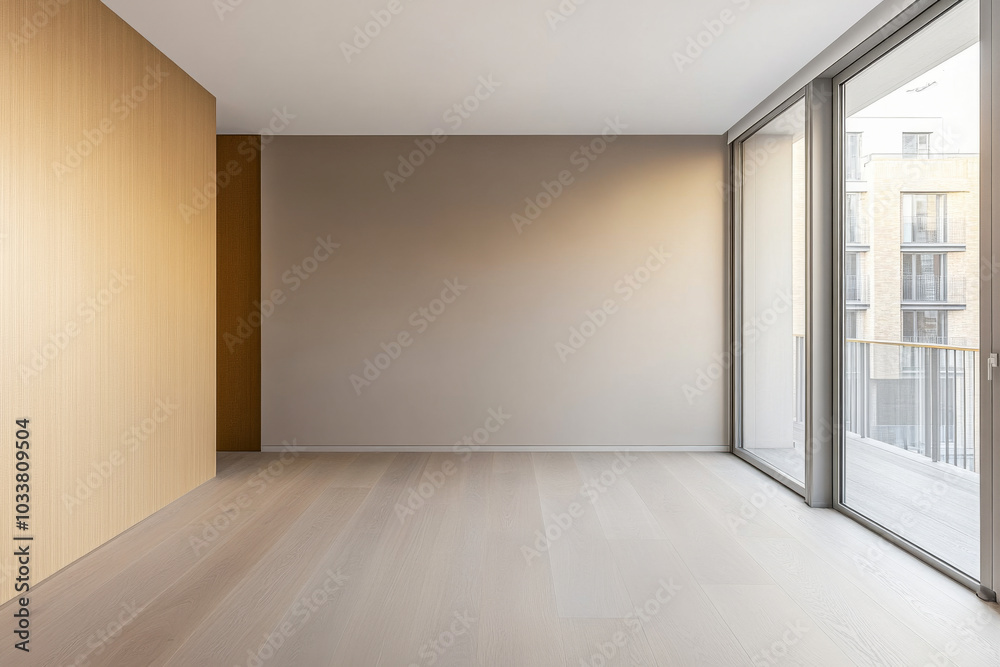 Modern empty room with large windows and wooden accents in contemporary apartment interior Modern empty room with large windows and wooden accents in contemporary apartment interior