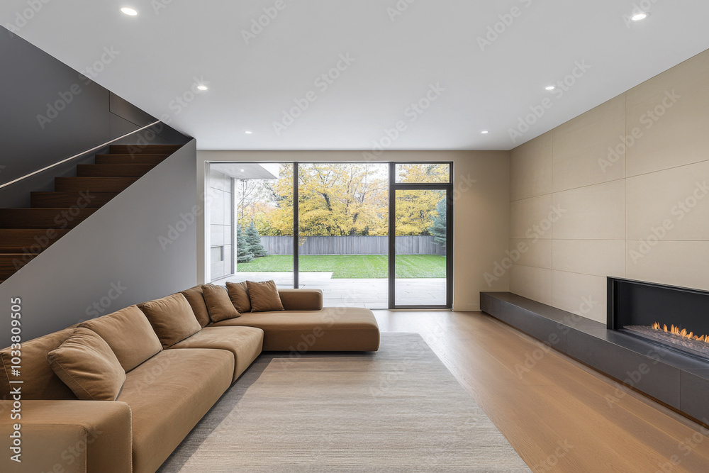 Fototapeta premium Modern living room with a brown sectional sofa and large windows overlooking a backyard garden