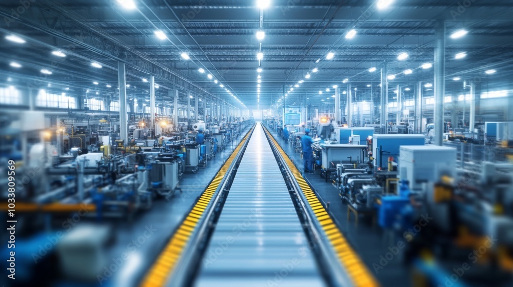Industrial Factory with Conveyor Belt, Workers, and Machines in Full Operation under Bright Lighting - High Angle View Industrial Factory with Conveyor Belt, Workers, and Machines in Full Operation under Bright Lighting - High Angle View