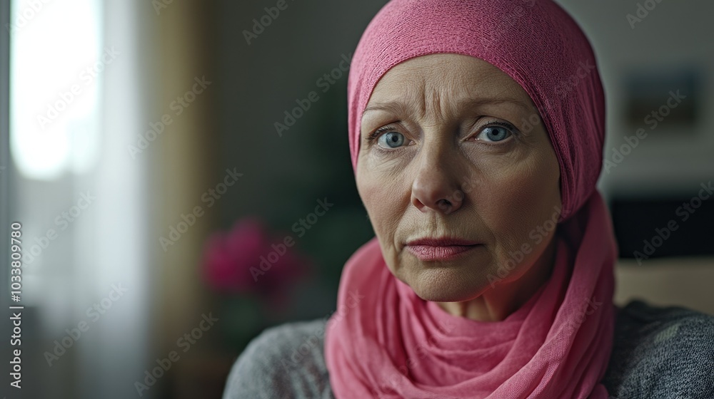 Middle-aged woman in a pink headscarf Women's Breast Breast Cancer Support