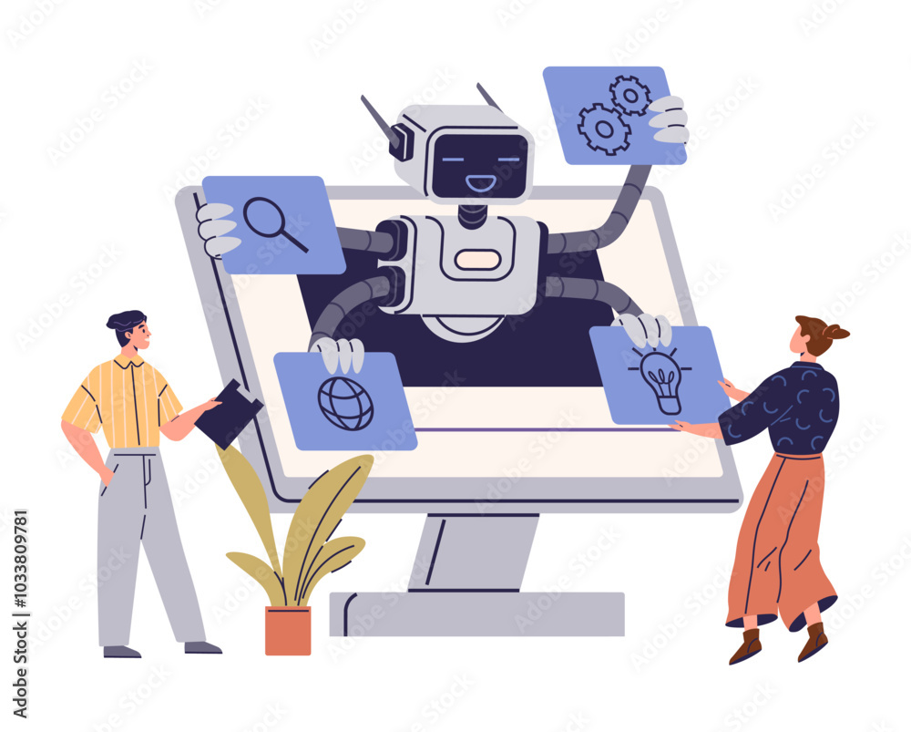 A friendly robot emerges from a large computer screen holding various icons. Two people stand nearby, engaging with the technology. Ideal for technology, education, innovation, robotics, and A friendly robot emerges from a large computer screen holding various icons. Two people stand nearby, engaging with the technology. Ideal for technology, education, innovation, robotics, and