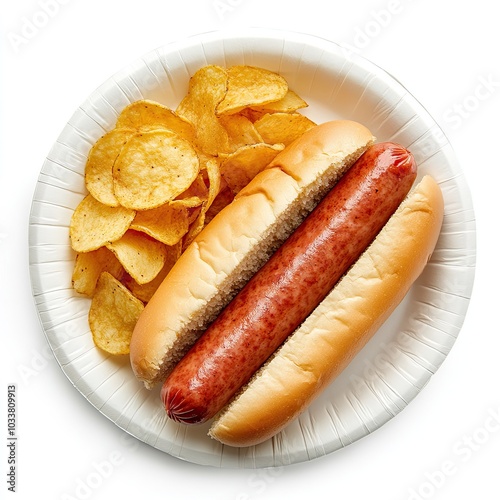Top view of a paper plate with a hot dog and potato chips isolated on white background