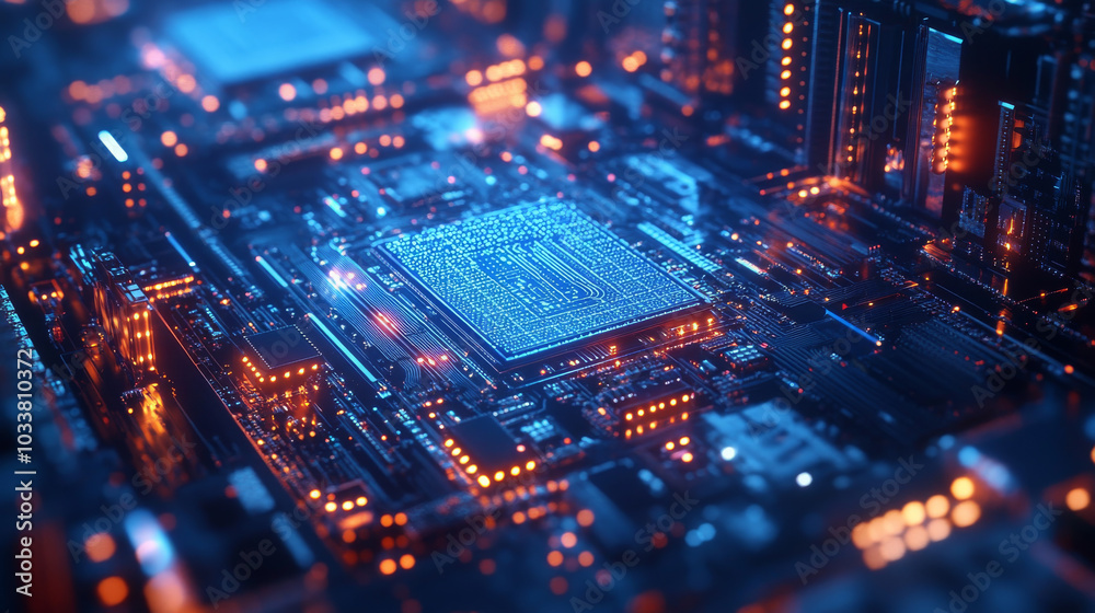 A futuristic microchip processor illuminated with lights against a blue background. This isometric banner highlights the concepts of quantum computing, large data processing, and central computer proc A futuristic microchip processor illuminated with lights against a blue background. This isometric banner highlights the concepts of quantum computing, large data processing, and central computer proc