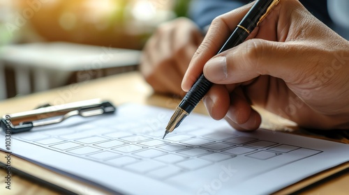 A close-up of a hand holding a pen, writing on a blank paper in a modern workspace filled with natural light.