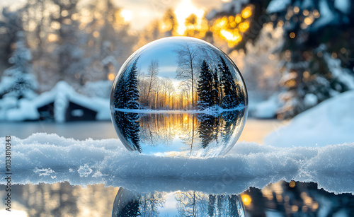 Beautiful transparent thick glass ball for Christmas tree, lies on snow.