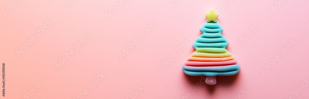 single jelly candy in shape of christmas tree isolated on pastel background single jelly candy in shape of christmas tree isolated on pastel background