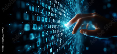 Human hand interacting with a wall of binary code, symbolizing digital interaction and the interface between humans and technology in a futuristic digital world