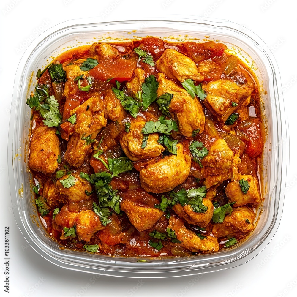 Top view of a plastic container with chicken karahi isolated on white background Top view of a plastic container with chicken karahi isolated on white background