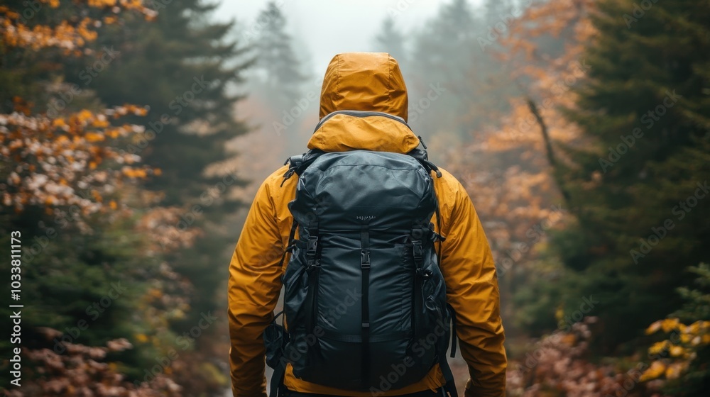 A solitary hiker in a bright yellow jacket explores a misty forest trail amidst colorful autumn foliage A solitary hiker in a bright yellow jacket explores a misty forest trail amidst colorful autumn foliage