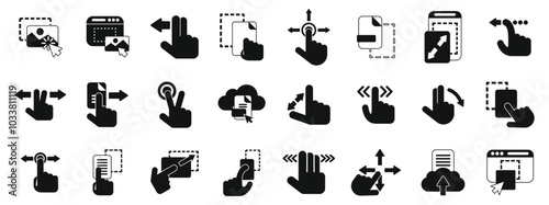 Drag drop icons set. Set of black and white icons representing hand gestures used to control touch screen devices using multi touch functionality