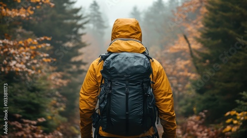 A solitary hiker in a bright yellow jacket explores a misty forest trail amidst colorful autumn foliage