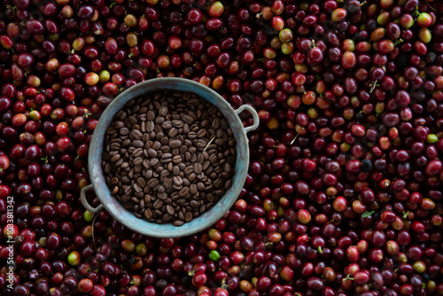 CloseUp of a Bunch of Roasted Arabica Coffee Beans in a Metal Pot with Coffee Fresh Red Cherries on the background. Coffee Grain Texture Background. Agriculture Concept. Coffee Harvest drying beans