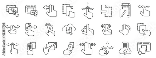 Drag drop icons set. Set of digital multitouch gesture icons for designers presenting scrolling, zooming, drag and drop, and swiping