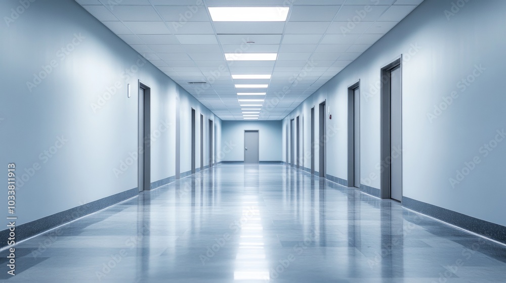 A long hallway with a door in the middle A long hallway with a door in the middle