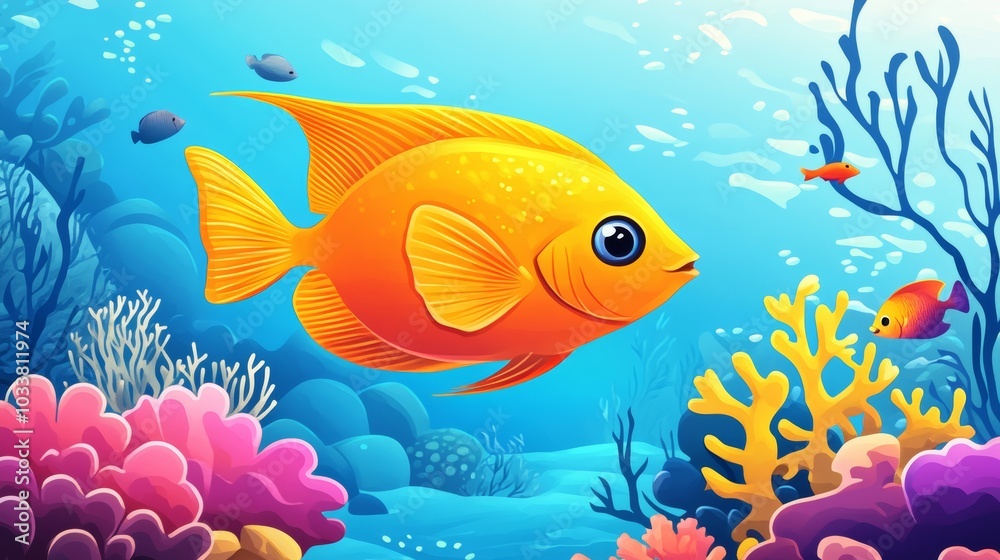 Naklejka premium Immerse in vibrant coral reef with fish swimming gracefully in tropical hues. Dive into underwater paradise for a fun family summer vacation
