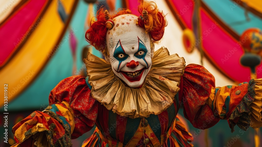 Fototapeta premium Terrifying clown with fiery hair and menacing smile stands in front of circus tent, creating the perfect halloween fright. Sinister jester in chilling costume brings unease to any occasion