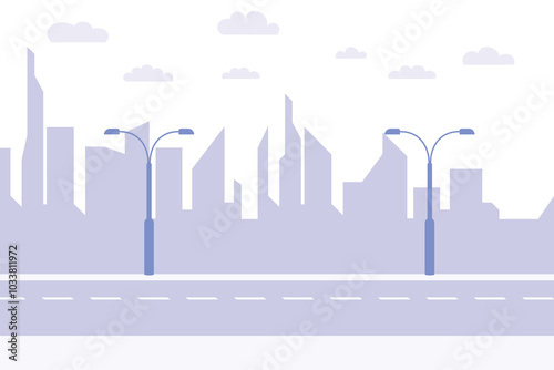 A flat cityscape of a modern city with silhouettes of skyscrapers, street lamps and an empty road.