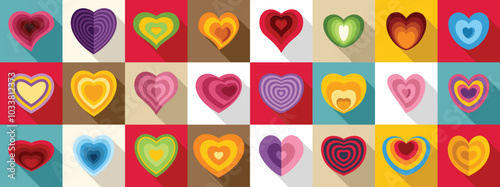 Heart tunnel icons set. This vibrant collection of colorful hearts is perfect for conveying love, affection, and romance