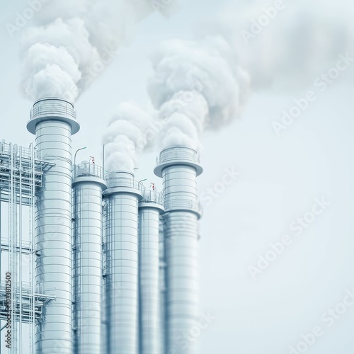 Industrial chimneys emit white smoke against a pale sky, highlighting environmental concerns related to air pollution and industrial processes. photo