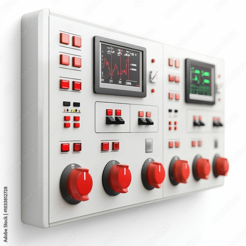 Control panel featuring various buttons and knobs, designed for operation, monitoring, and adjustments in technical environments. Control panel featuring various buttons and knobs, designed for operation, monitoring, and adjustments in technical environments.