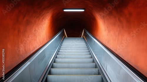 An orange tunnel with an escalator ascending into bright light, producing a vibrant yet mysterious ambiance and symbolizing upliftment and new beginnings. photo