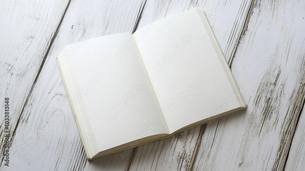 Fototapeta premium Exploring Creativity with a Blank Open Notebook on a Wooden Table