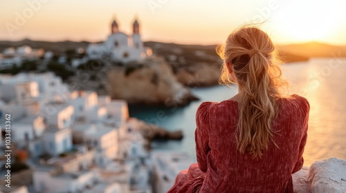 A woman in a red dress admires the sunset over the charming white buildings and sea, embodying tranquility and appreciation for beauty in a scenic Euro locale.